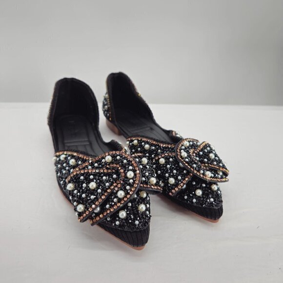 Black Sequined Pointed Toe Ballet Shoes - Picture 1 of 8